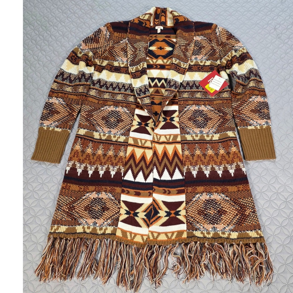 New Reba Womens Southwestern Fringe Longline Cardigan Sweater Brown Geometric M